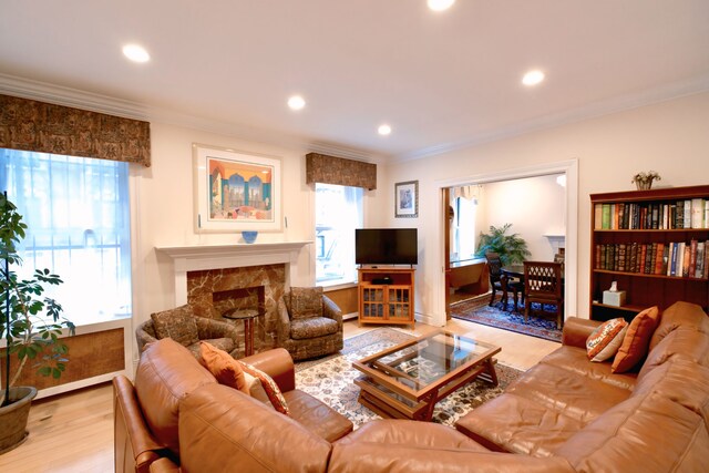 311 W 97th St Unit 2W, New York City, NY 10025 - living area with ornamental molding, recessed lighting, a premium fireplace, and wood finished floors