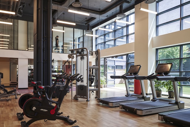 gym with a high ceiling and wood finished floors