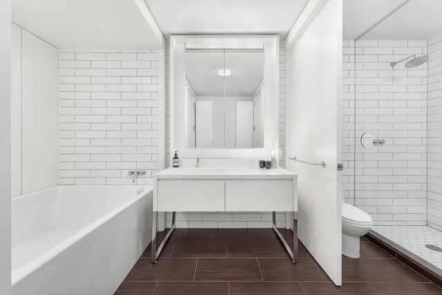 bathroom with wood finish floors, vanity, and toilet