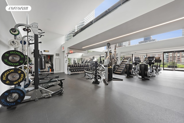 exercise room featuring visible vents and a towering ceiling