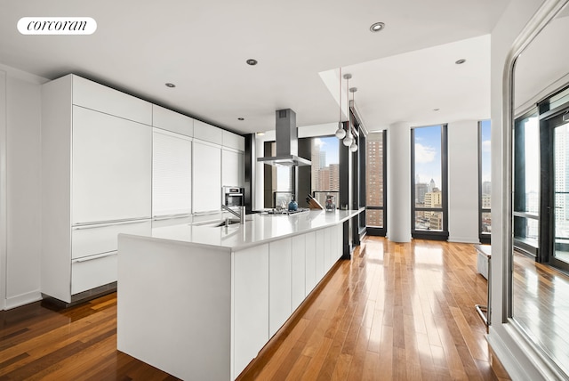 kitchen featuring wall chimney exhaust hood, a sink, white cabinetry, modern cabinets, and wood-type flooring