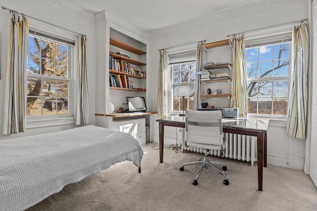 bedroom with light carpet, radiator, and crown molding