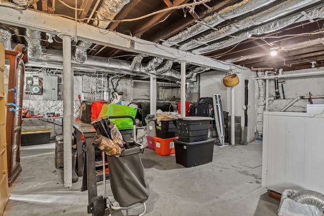 unfinished basement with electric panel and washer / dryer