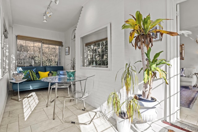 sunroom featuring rail lighting