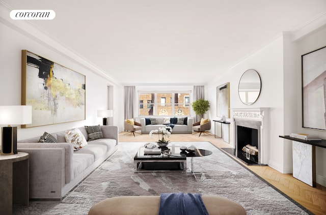 living room featuring a premium fireplace, visible vents, and ornamental molding