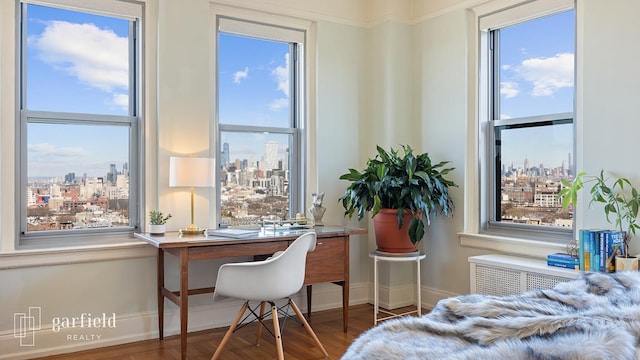 bedroom featuring a view of city, multiple windows, and baseboards