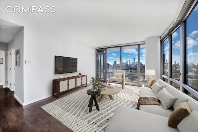 living area featuring wood finished floors, a wall of windows, and baseboards