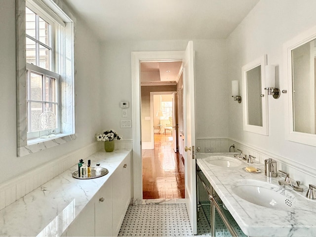 bathroom featuring double vanity, a healthy amount of sunlight, and a sink