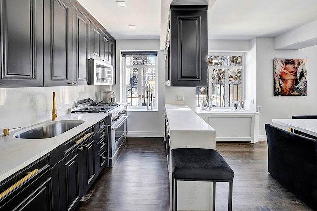 kitchen featuring a sink, light countertops, appliances with stainless steel finishes, dark cabinetry, and dark wood finished floors