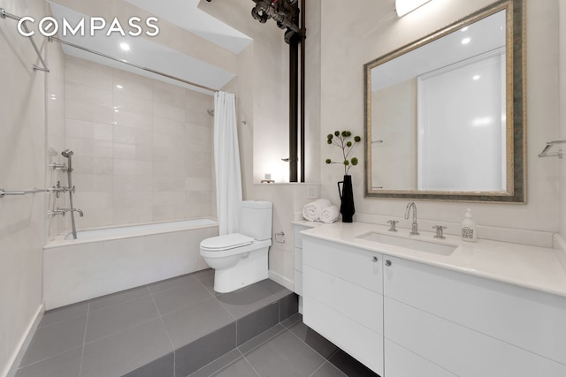 full bathroom featuring tile patterned flooring, toilet, vanity, and shower / tub combo with curtain