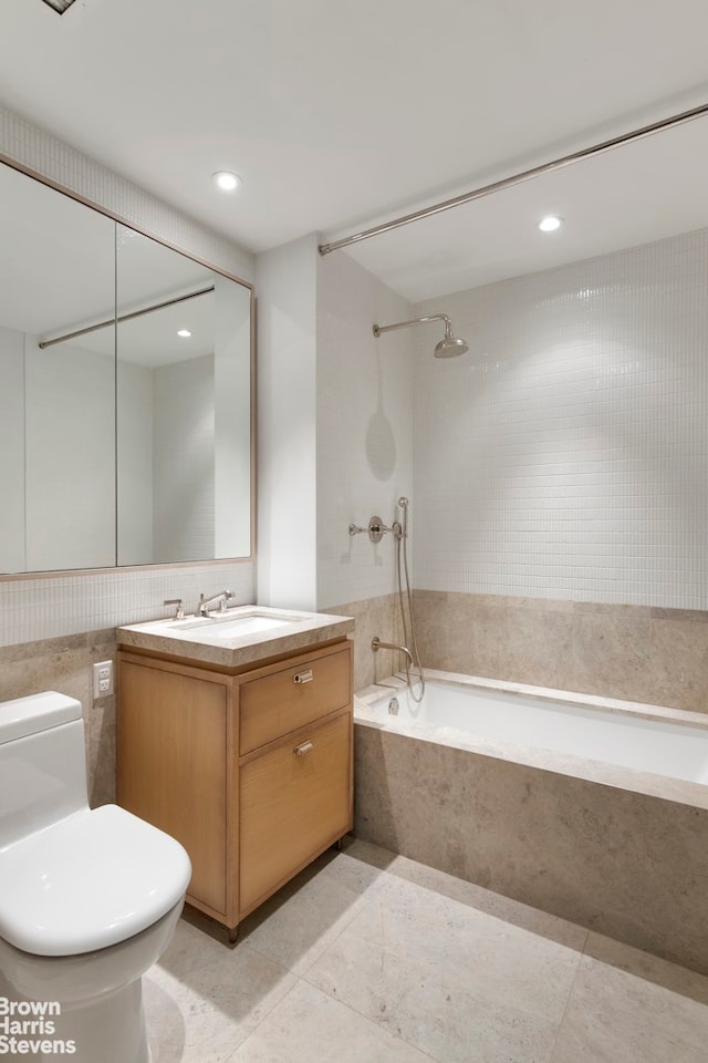 bathroom with shower / bathtub combination, tile patterned flooring, toilet, recessed lighting, and vanity