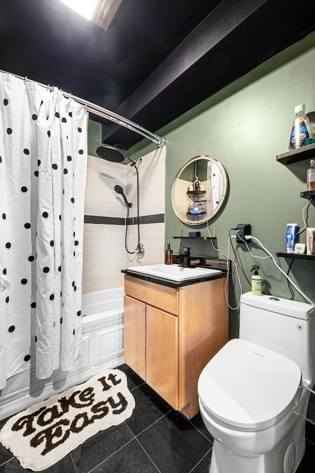 full bathroom with toilet, tile patterned floors, shower / tub combo with curtain, and vanity