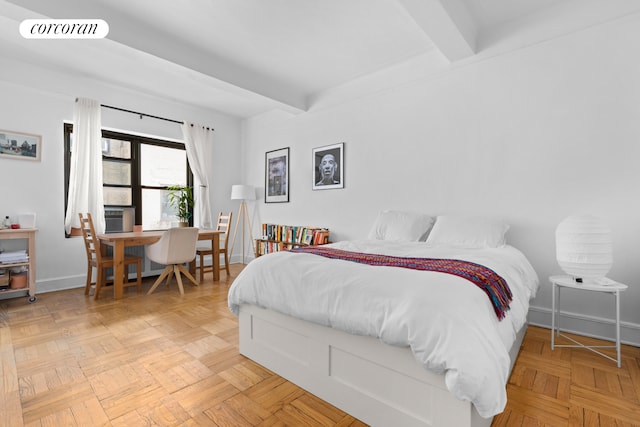 bedroom with beamed ceiling, baseboards, and visible vents