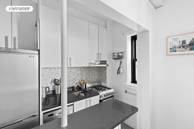 230 Riverside Dr Unit 16M, New York City, NY 10025 - kitchen featuring stainless steel refrigerator, under cabinet range hood, gas stove, a sink, and white cabinetry