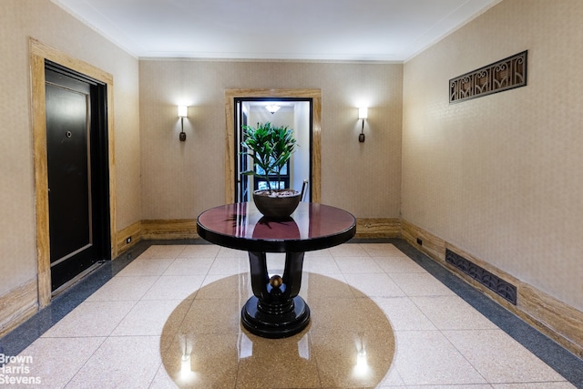 414 E 52nd St Unit 10E, New York City, NY 10022 - hall featuring baseboards, crown molding, and inlaid floor details