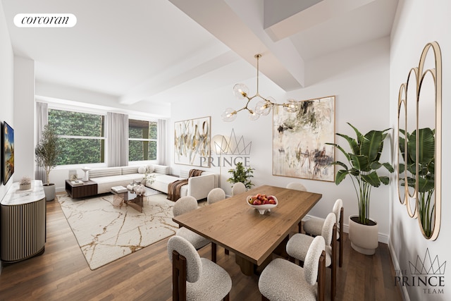 dining room featuring visible vents, beam ceiling, wood finished floors, baseboards, and a chandelier