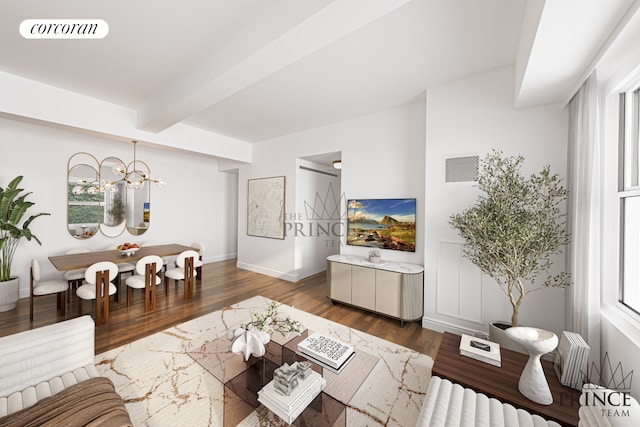 living room featuring visible vents, beamed ceiling, dark wood-style floors, baseboards, and a chandelier