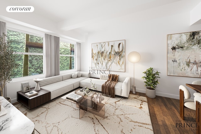 living room with visible vents, baseboards, beamed ceiling, and wood finished floors