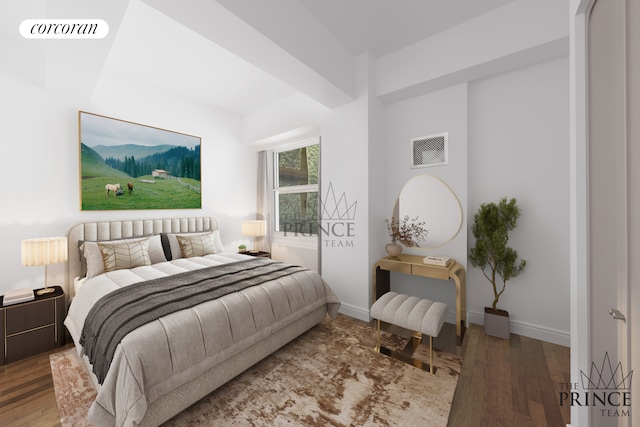 bedroom featuring wood finished floors, visible vents, and baseboards