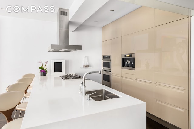 110 E 71st St Unit 3, New York City, NY 10021 - kitchen featuring island range hood, a sink, modern cabinets, and appliances with stainless steel finishes