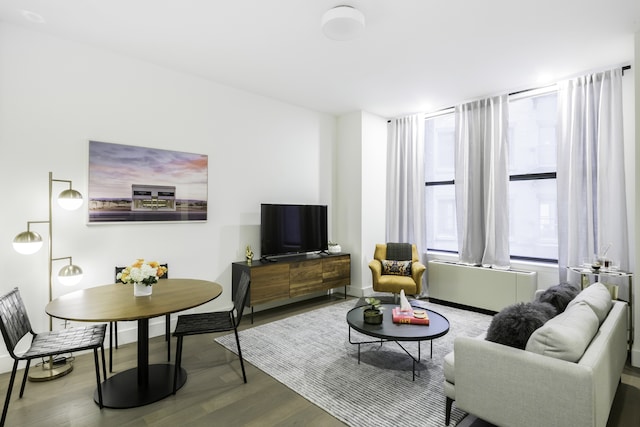 living room featuring radiator, baseboards, and wood finished floors