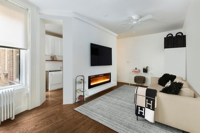 living area featuring wood finished floors, a glass covered fireplace, a ceiling fan, and radiator