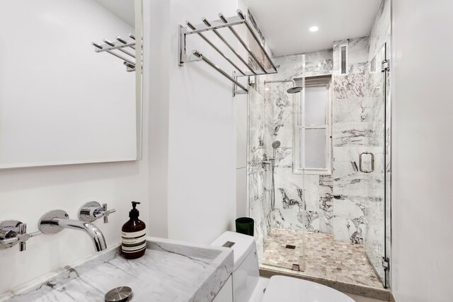 25 Charles St Unit 2C, New York City, NY 10014 - full bath featuring toilet, recessed lighting, a marble finish shower, and visible vents