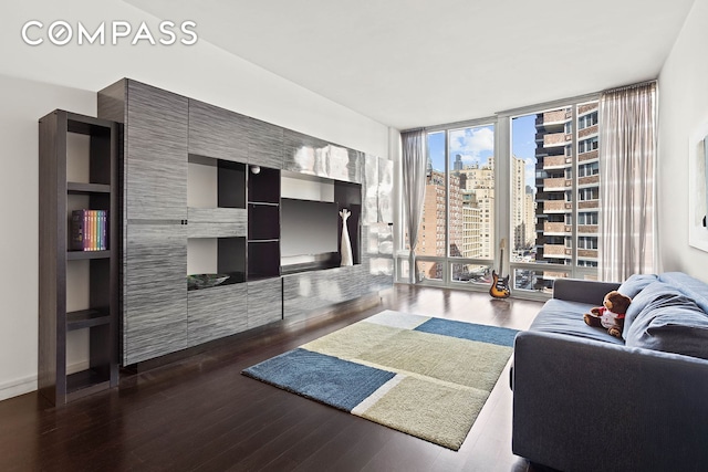 living area with expansive windows, a view of city, and wood finished floors