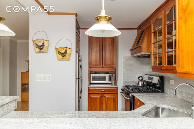 132 E 35th St Unit 7H, New York City, NY 10016 - kitchen with a sink, stainless steel appliances, crown molding, tasteful backsplash, and glass insert cabinets