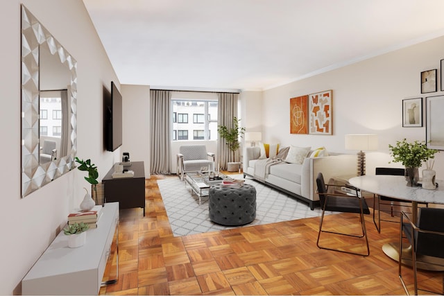 living room with ornamental molding