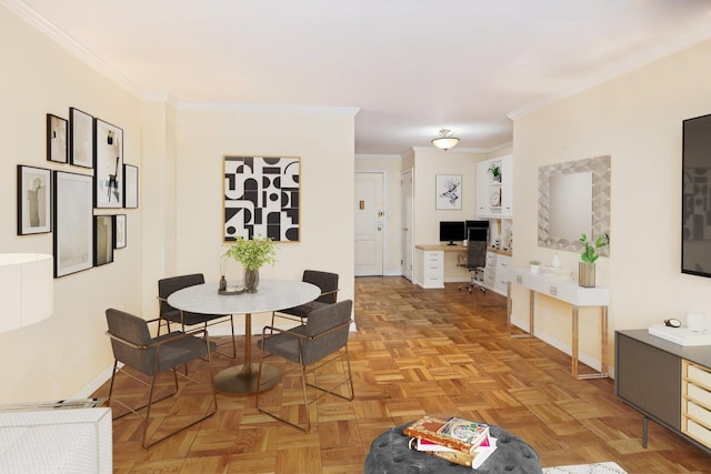 dining space with crown molding and baseboards