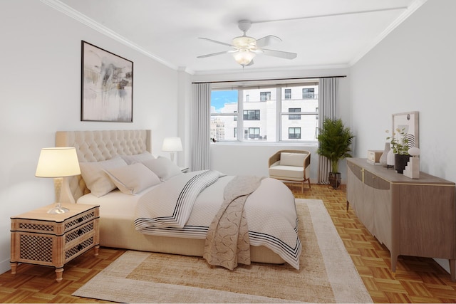 bedroom with baseboards, ornamental molding, and a ceiling fan