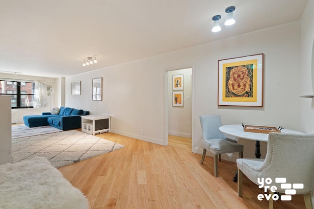 living room with baseboards and wood finished floors