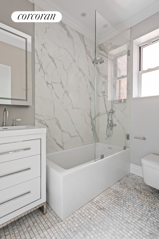 344 W 12th St Unit 3C, New York City, NY 10014 - bathroom featuring crown molding, a combined bath / shower with marble appearance, vanity, and toilet