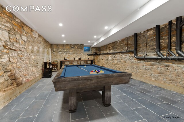 rec room with tile patterned floors, recessed lighting, and pool table