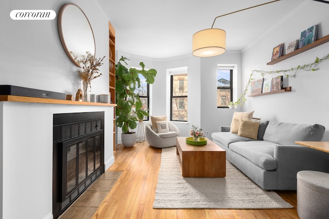 living room with hardwood / wood-style floors, a fireplace with flush hearth, and ornamental molding