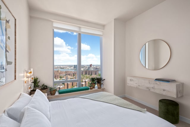 bedroom featuring carpet, a city view, and baseboards