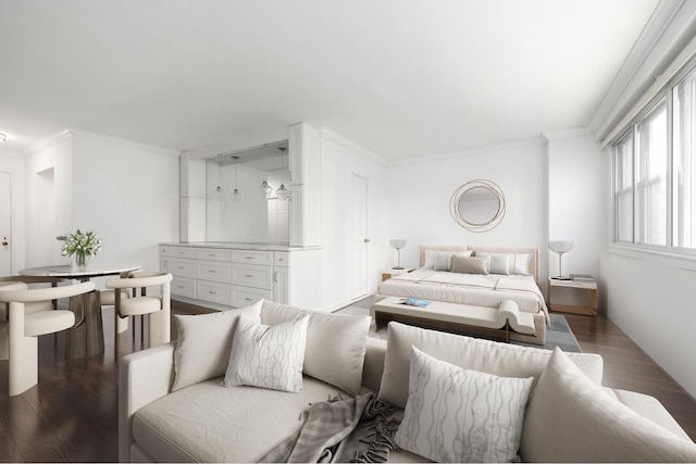 bedroom featuring wood finished floors and ornamental molding