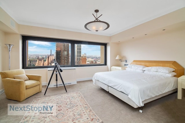 carpeted bedroom with a city view, visible vents, and baseboards