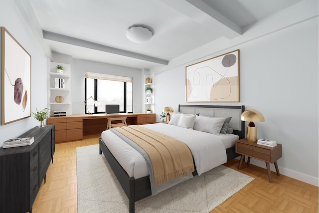 bedroom featuring beamed ceiling and baseboards