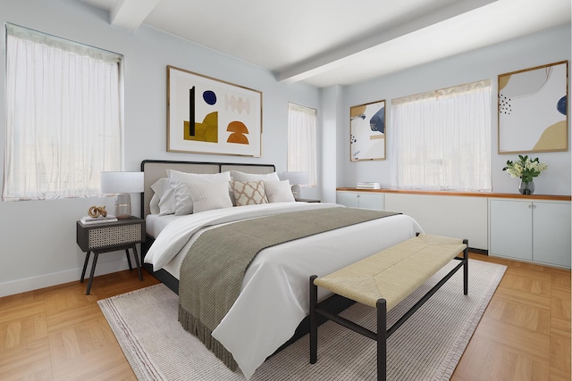 bedroom featuring beam ceiling and baseboards