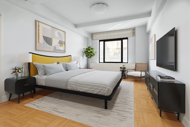 bedroom featuring beamed ceiling and baseboards