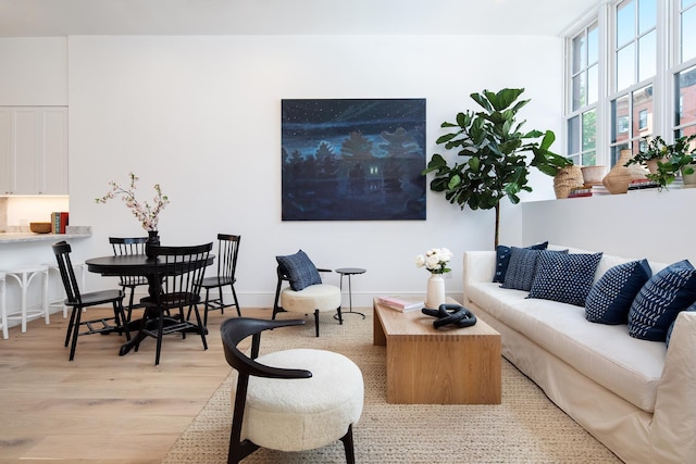 living area featuring light wood-type flooring and baseboards