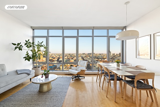 living area with a wall of windows, a view of city, visible vents, and light wood-type flooring