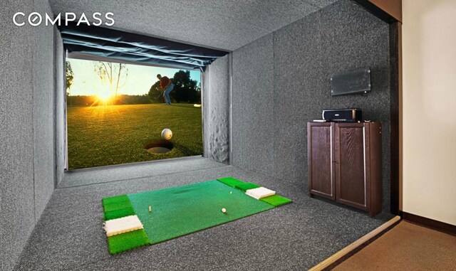 game room featuring carpet flooring and golf simulator