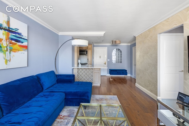 living room with baseboards, ornamental molding, dark wood finished floors, and wallpapered walls