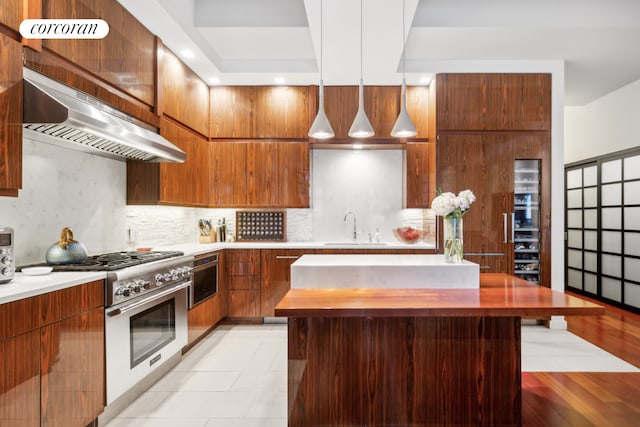 kitchen featuring under cabinet range hood, stainless steel appliances, modern cabinets, and a sink