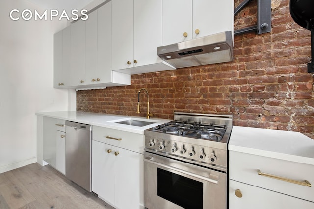 kitchen featuring light wood-style flooring, appliances with stainless steel finishes, light countertops, under cabinet range hood, and a sink