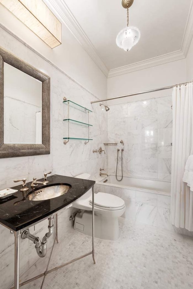 bathroom with a sink, tub / shower combination, crown molding, toilet, and marble look tiles