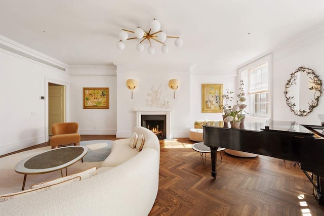 living area with crown molding, a lit fireplace, and baseboards
